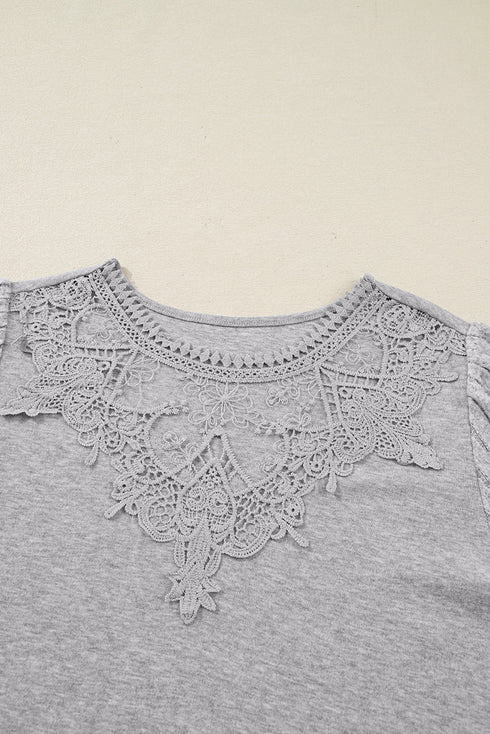 Lace Yoke Ribbed Balloon Sleeve Patchwork Top
